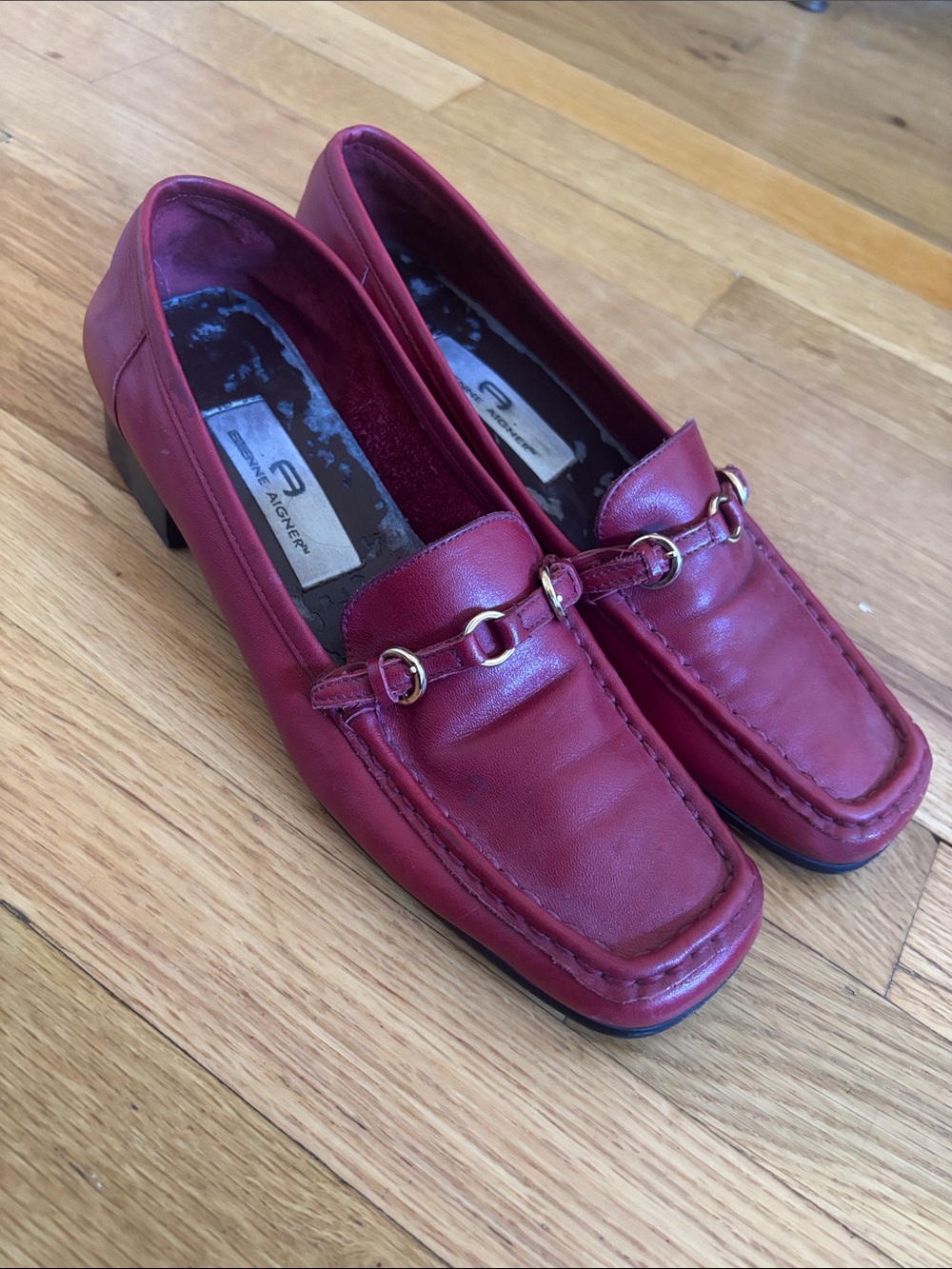 Etienne Aigner Red Leather Loafers with Gold Horsebit